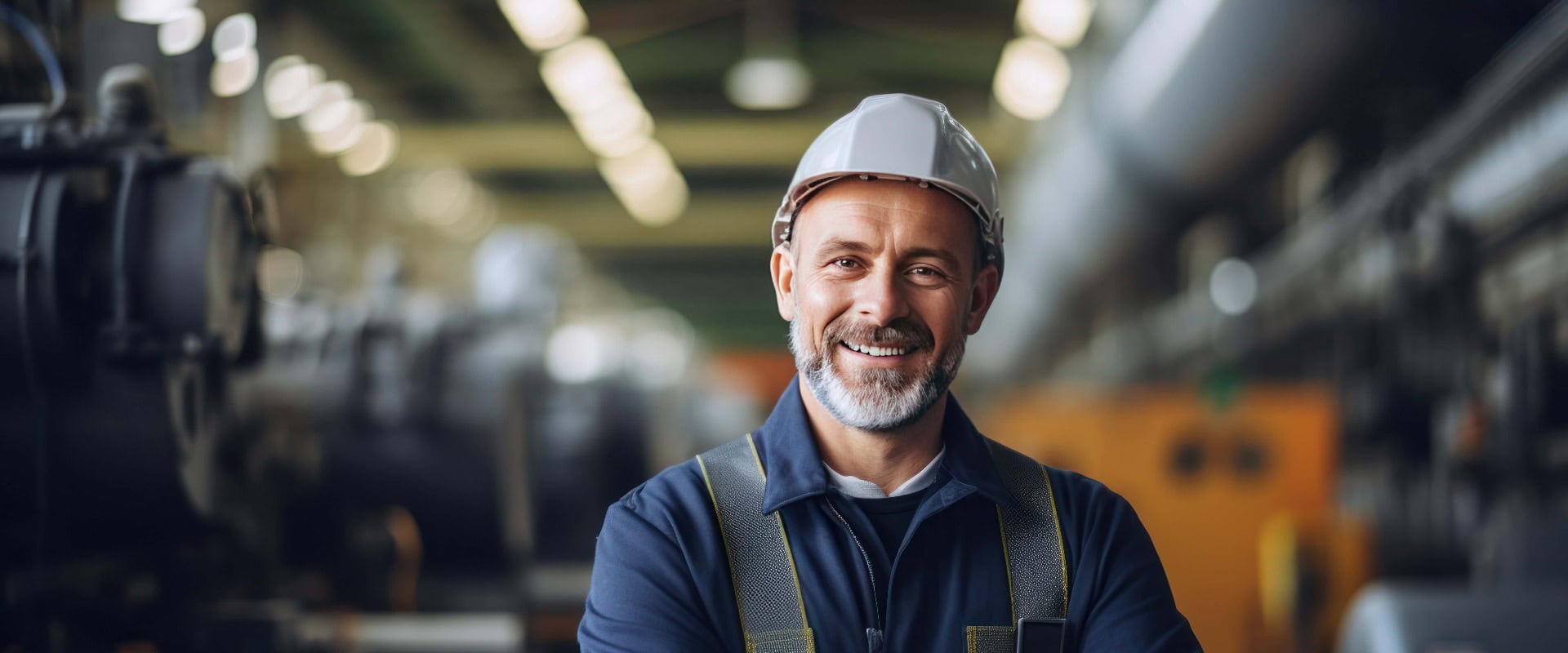Ein glücklicher professioneller Ingenieur der Schwerindustrie steht in einer Fabrik,