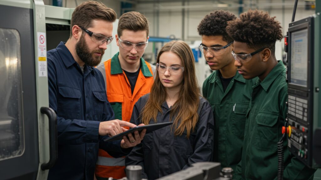 Eine Gruppe von Studenten und ihr Ausbilder, die in einer Produktionsumgebung zusammenarbeiten.