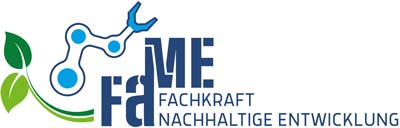 Logo mit grünen Blättern, blauen Zahnradlinien und Schriftzug FAME in Blau